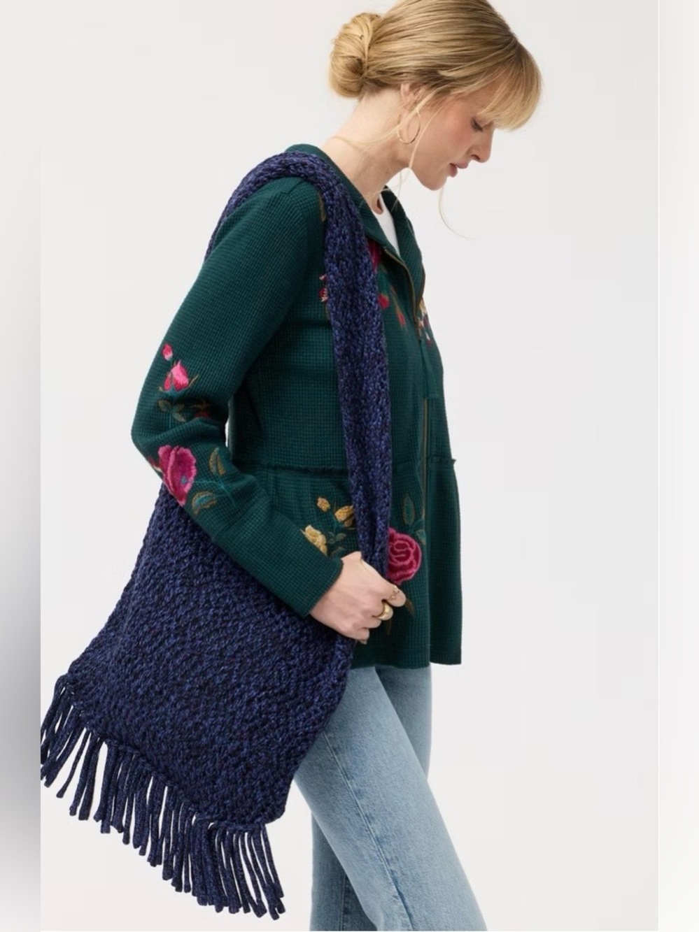 Johnny Was Nahal Fringe Crochet Bag - navy wool/acetate/cashmere blend - NWT